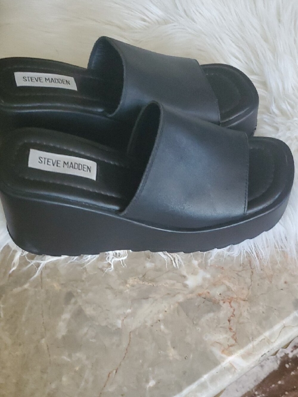 Y2k Steve Madden Grunge Black Open Toe Chunky Wedge Sandals 7.5 - Picture 2 of 11